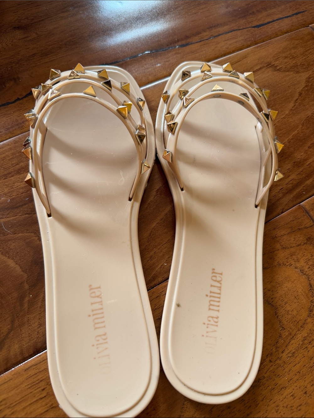Beige Studded Valentino style Triple-Strap Slide Sandals for Women. - Picture 3 of 4